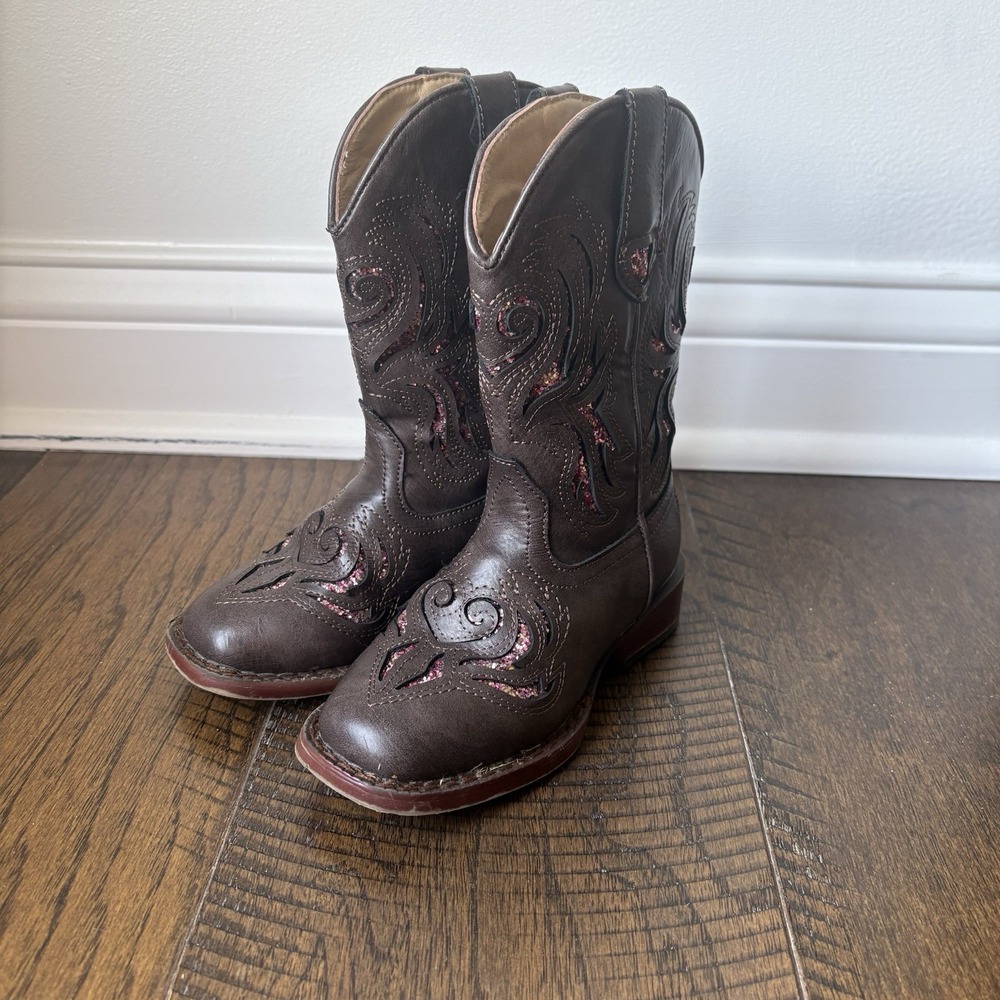 Roper Toddler Brown & Pink Glitter Inlay  Western Square Toe Boots Size 9